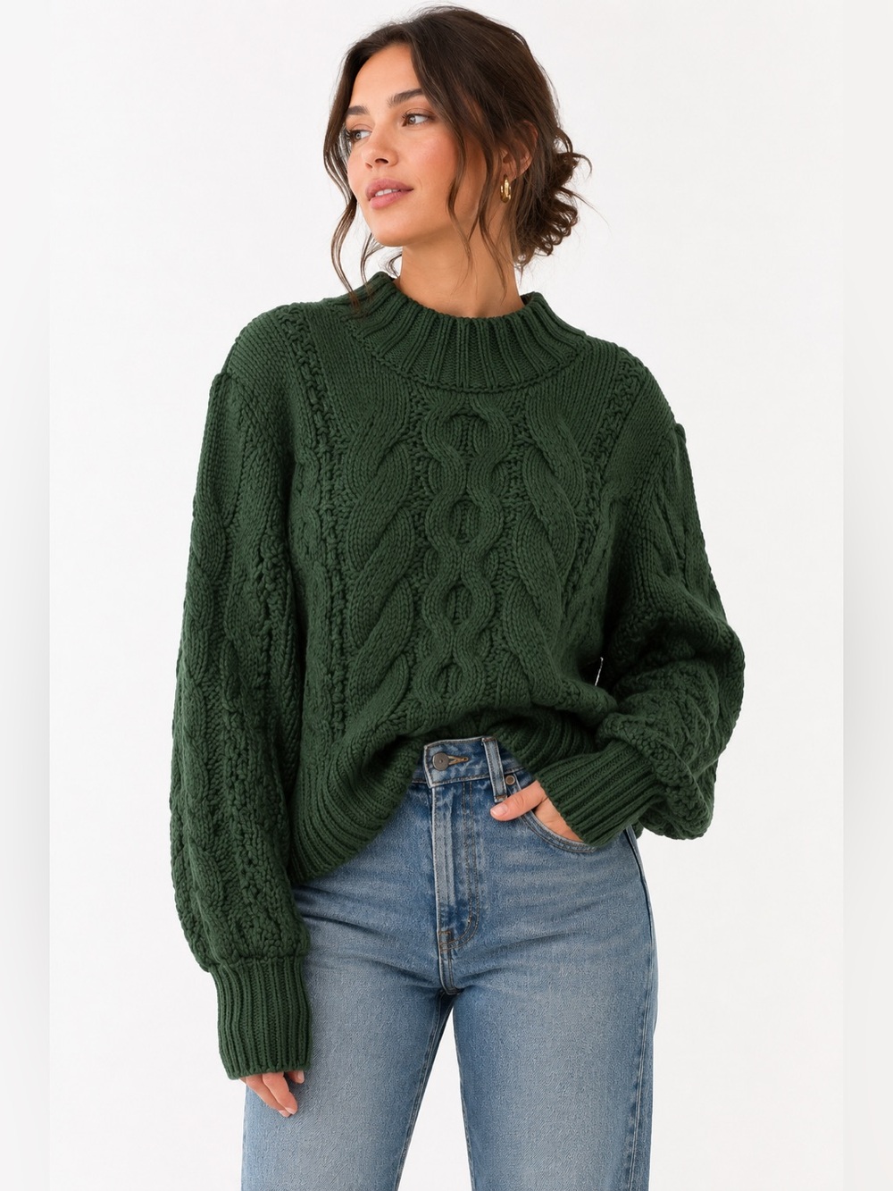 Talisman Womens Small Green Chunky Cable Knit Sweater Mock Neck Fisherman